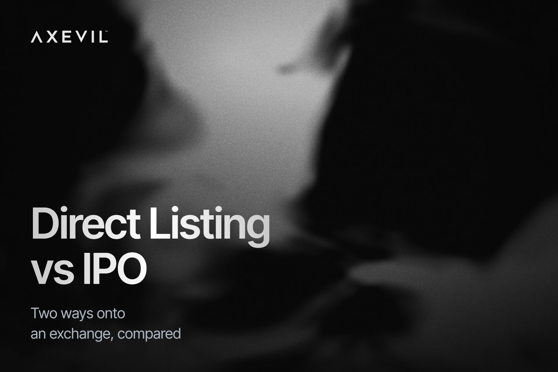 Cover: "Direct Listing vs IPO" set over dark soft-edged organic ink shapes.